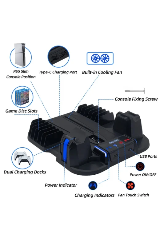  Çok İşlevli Şarj İstasyonu ve Disk Rafı – PS5 Slim Uyumlu Stand - GP-521