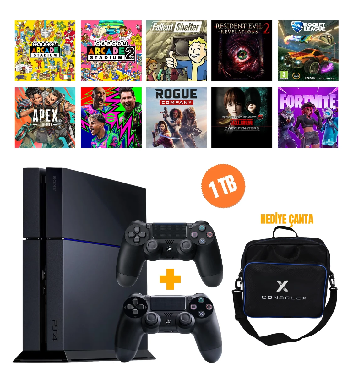 Sony Playstation 4 Fat - 1 Tb + (yenilenmis) + 2. Ps4 Kol + Consolex Çanta + 10 Dijital Oyun