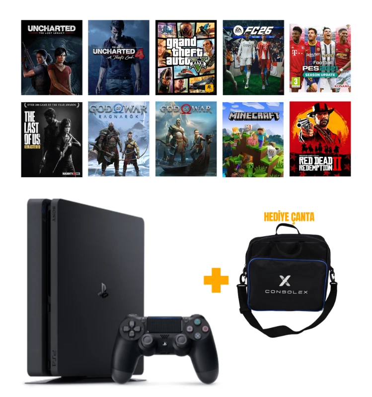 Sony PS4 Slim 1TB (Yenilenmiş) + Tek Kol + ConsoleX Çanta + 12.02v Yazılım