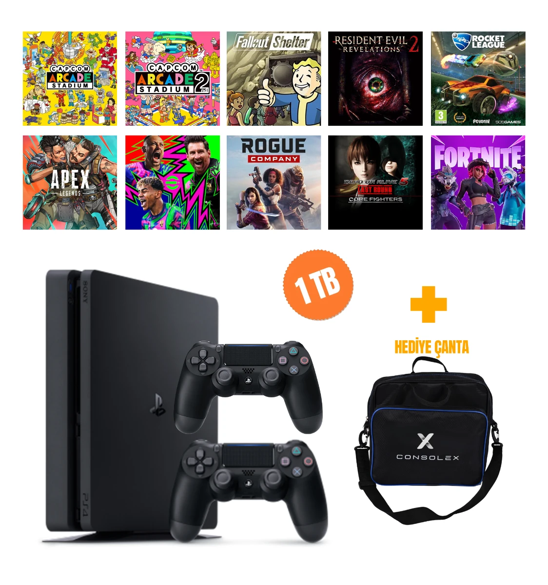 Sony PlayStation 4 Slim 1TB + 10 Dijital Oyun + Çift Kol + ConsoleX Çanta (Yenilenmiş)