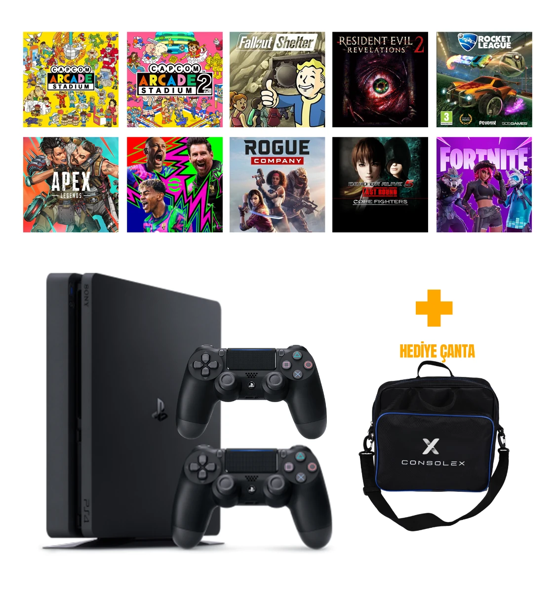 Sony PlayStation 4 Slim 500GB + 10 Dijital Oyun + Çift Kol + ConsoleX Çanta (Yenilenmiş)