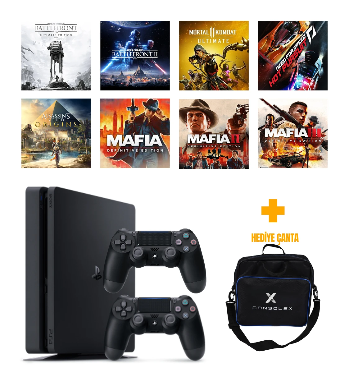 Sony PlayStation 4 Slim 500GB + 8 Dijital Oyun + Çift Kol + ConsoleX Çanta (Yenilenmiş)