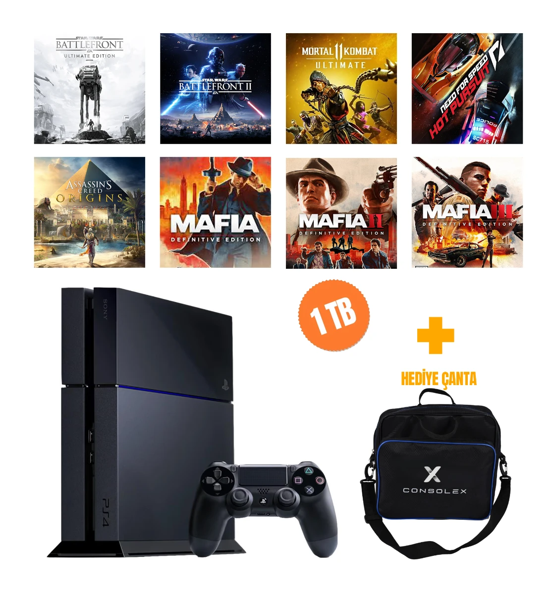 Sony PlayStation 4 Standart 1TB + 8 Dijital Oyun + Tek Kol + ConsoleX Çanta (Yenilenmiş)