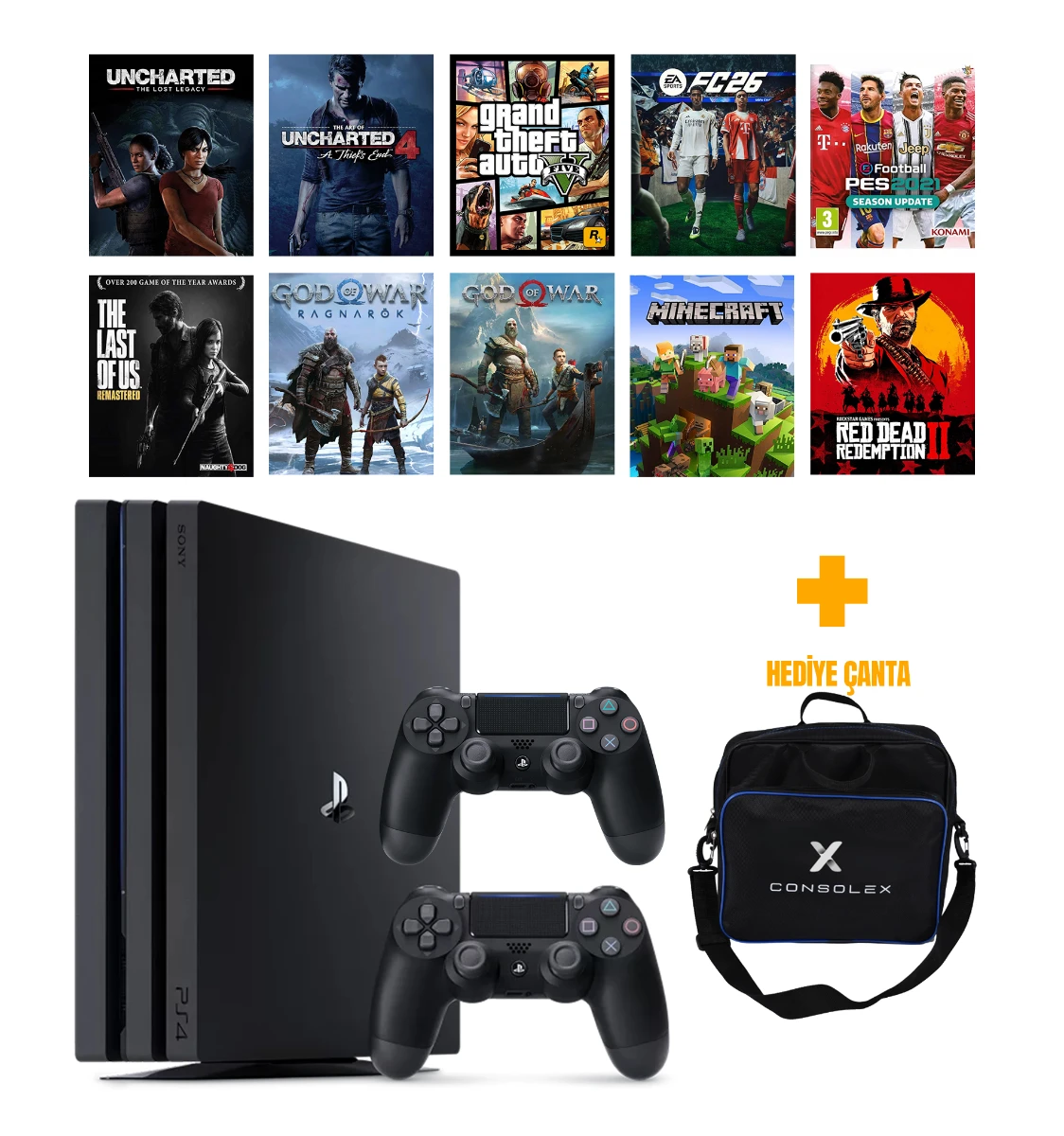 Sony PS4 Pro 1TB 12.02v + 19 Dijital Oyun + Çift Kol + ConsoleX Çanta (Yenilenmiş)