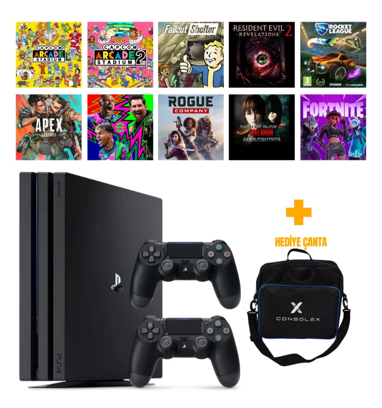 Sony PlayStation 4 Pro 1TB + 10 Dijital Oyun + Çift Kol + ConsoleX Çanta (Yenilenmiş)