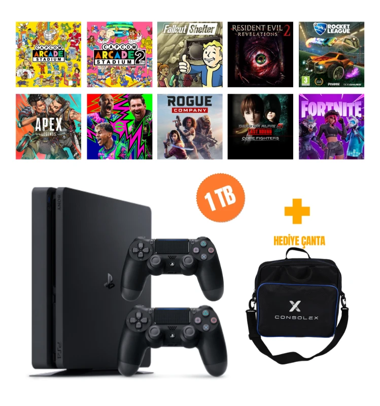 Sony PlayStation 4 Slim 1TB + 10 Dijital Oyun + Çift Kol + ConsoleX Çanta (Yenilenmiş)