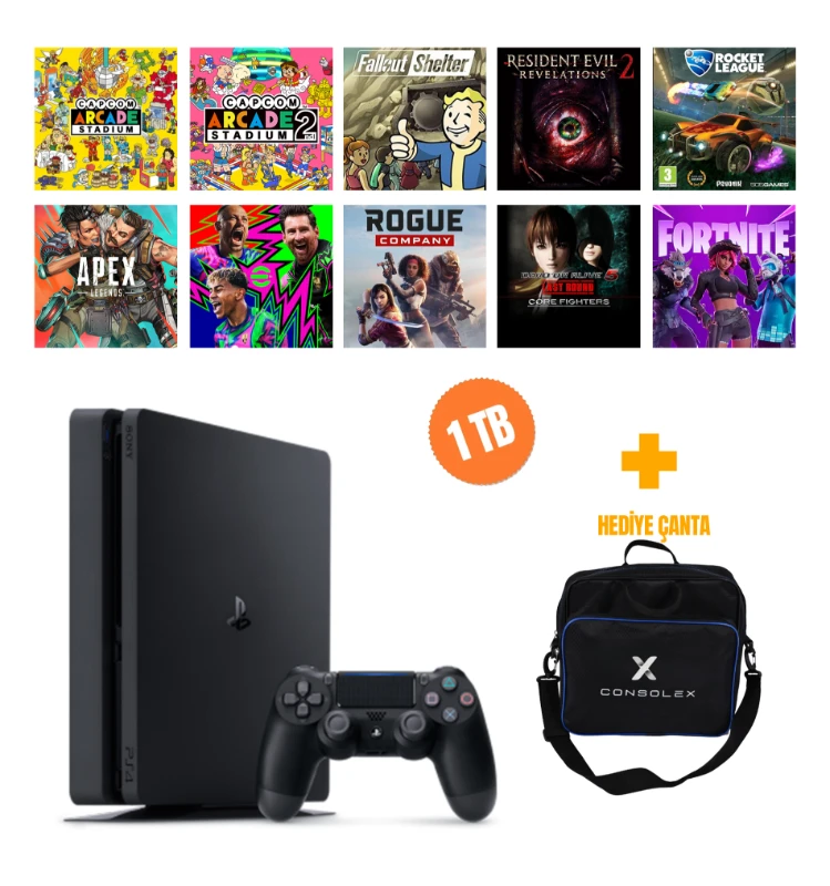Sony PlayStation 4 Slim 1TB + 10 Dijital Oyun + Tek Kol + ConsoleX Çanta (Yenilenmiş)