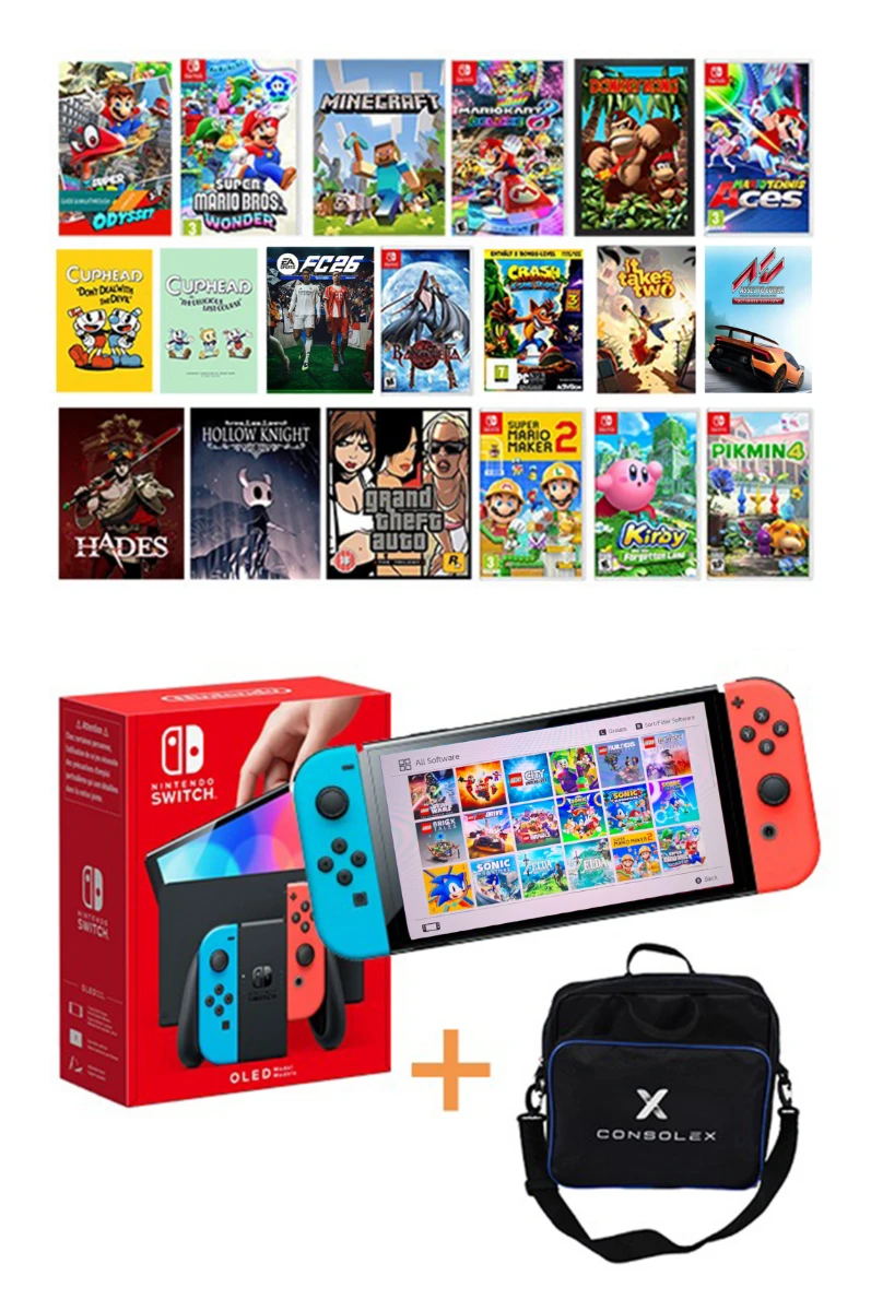 N Switch OLED (Mavi/Kırmızı) – Çipli, Yüklü 18 Oyunlu Model + ConsoleX Taşıma Çantası