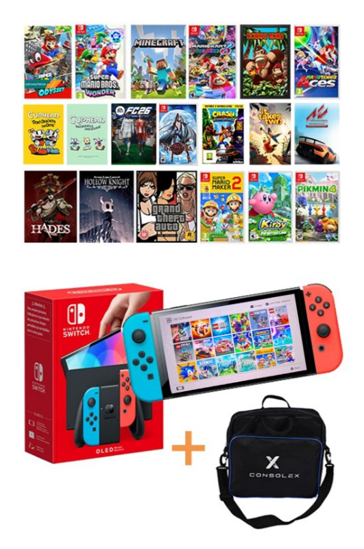 N Switch OLED (Mavi/Kırmızı) – Çipli, Yüklü 18 Oyunlu Model + ConsoleX Taşıma Çantası