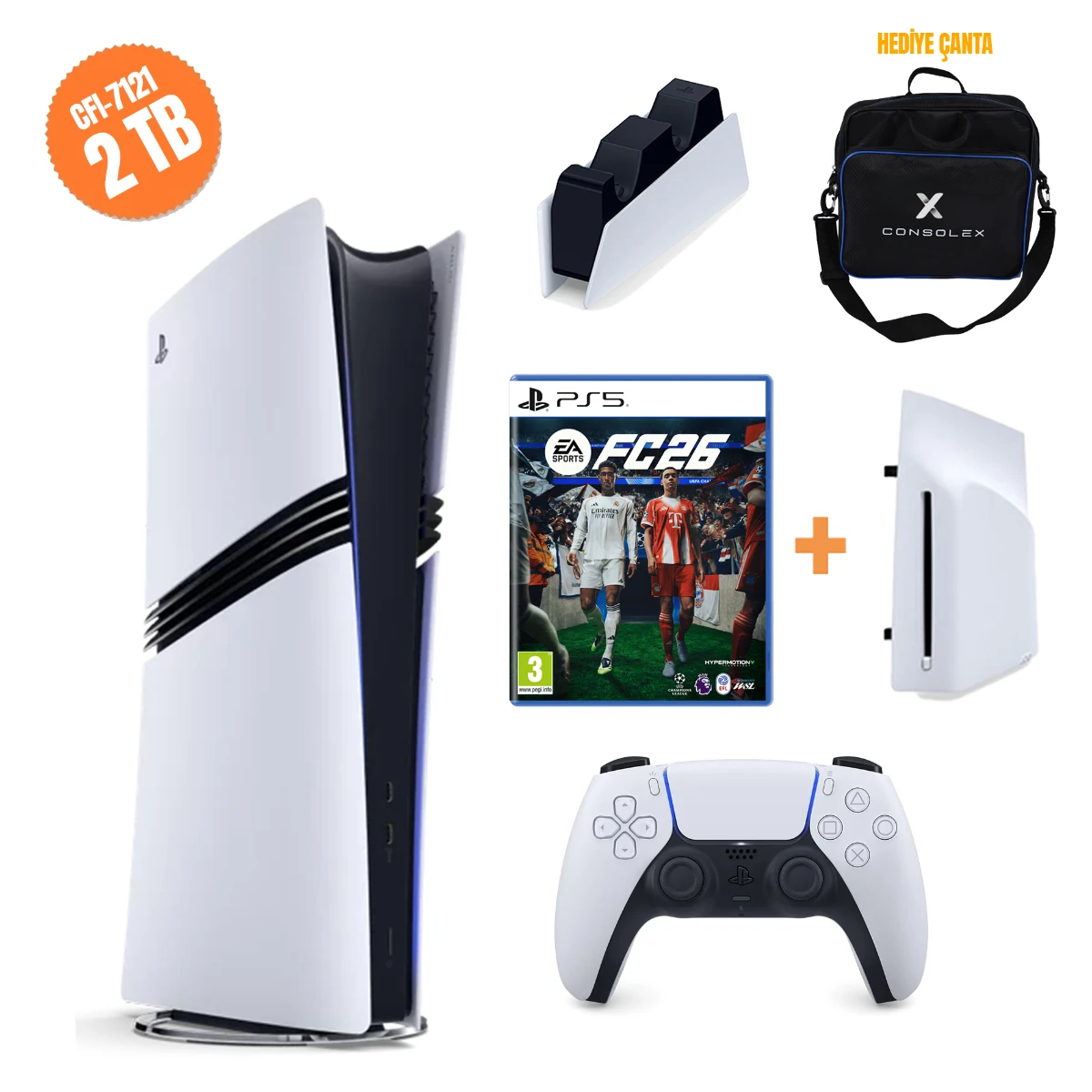 Sony PlayStation 5 Pro 2TB CFI7121 Avrupa Disk Sürücü FC26 Şarj ConsoleX Çantalı