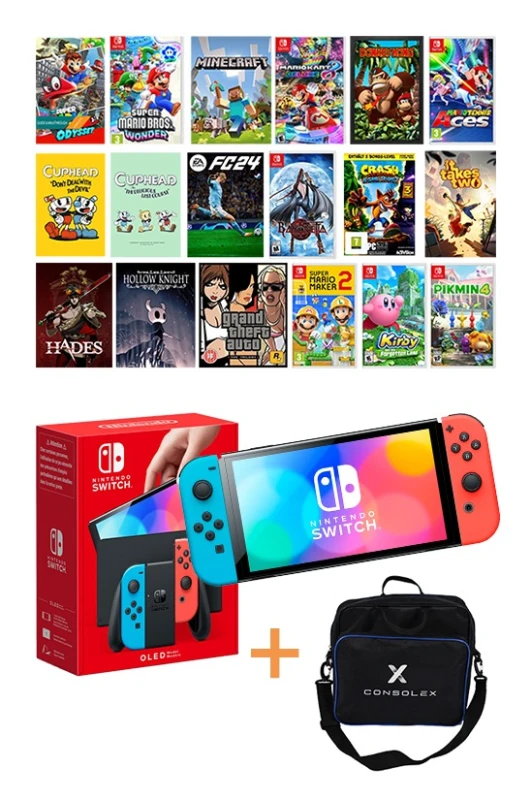 Nintendo Switch OLED Kırmızı Mavi Konsol + 25 Yüklü Oyun - 256 GB