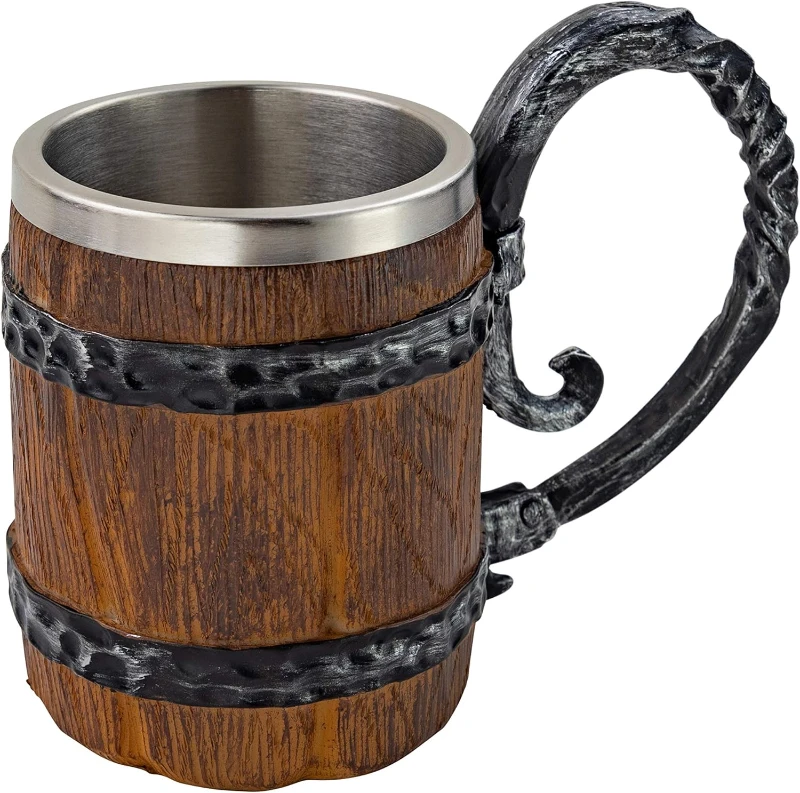 VikingsBrand Ahşap Fıçı Tasarımlı Paslanmaz Çelik Kupa – 600 ml CL-1152