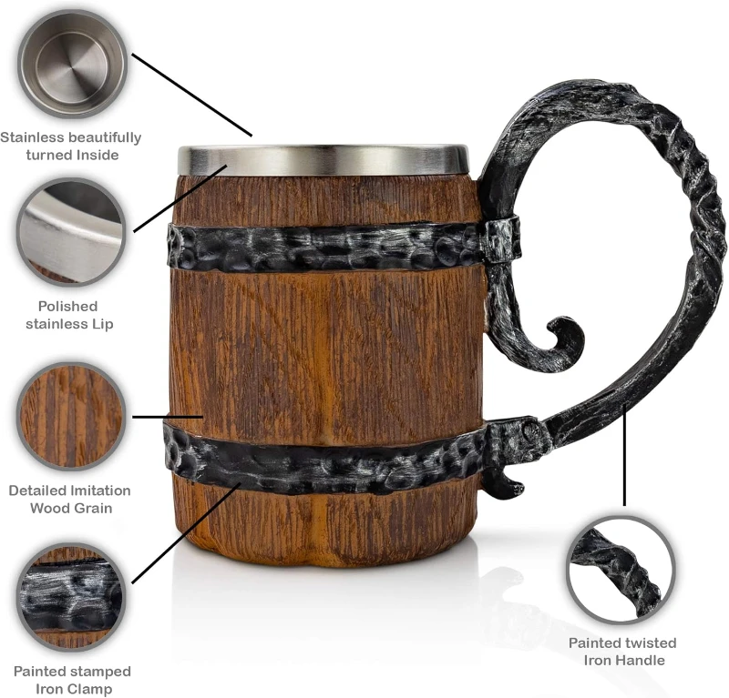 VikingsBrand Ahşap Fıçı Tasarımlı Paslanmaz Çelik Kupa – 600 ml CL-1152