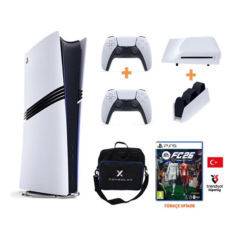 Sony PlayStation 5 Pro 2TB Konsol + 2 Kol + Disk Driver + FC 26 Türkçe CD Oyun + Şarj İstasyonu (CFI-7021 Avrupa)