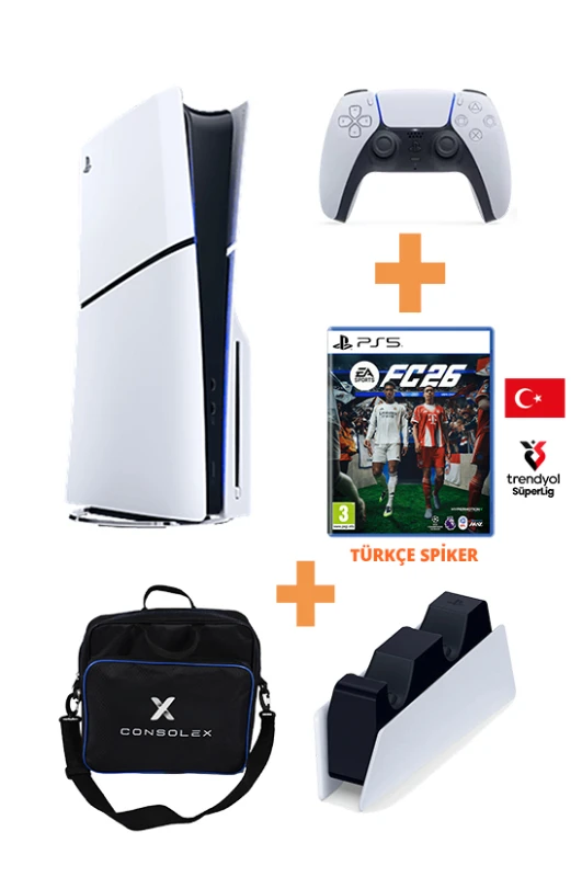 Sony PlayStation 5 Slim 1TB CD Edition + FC 26 Türkçe CD Oyun + Çanta + Şarj İstasyonu (CFI-2016 Avrupa)