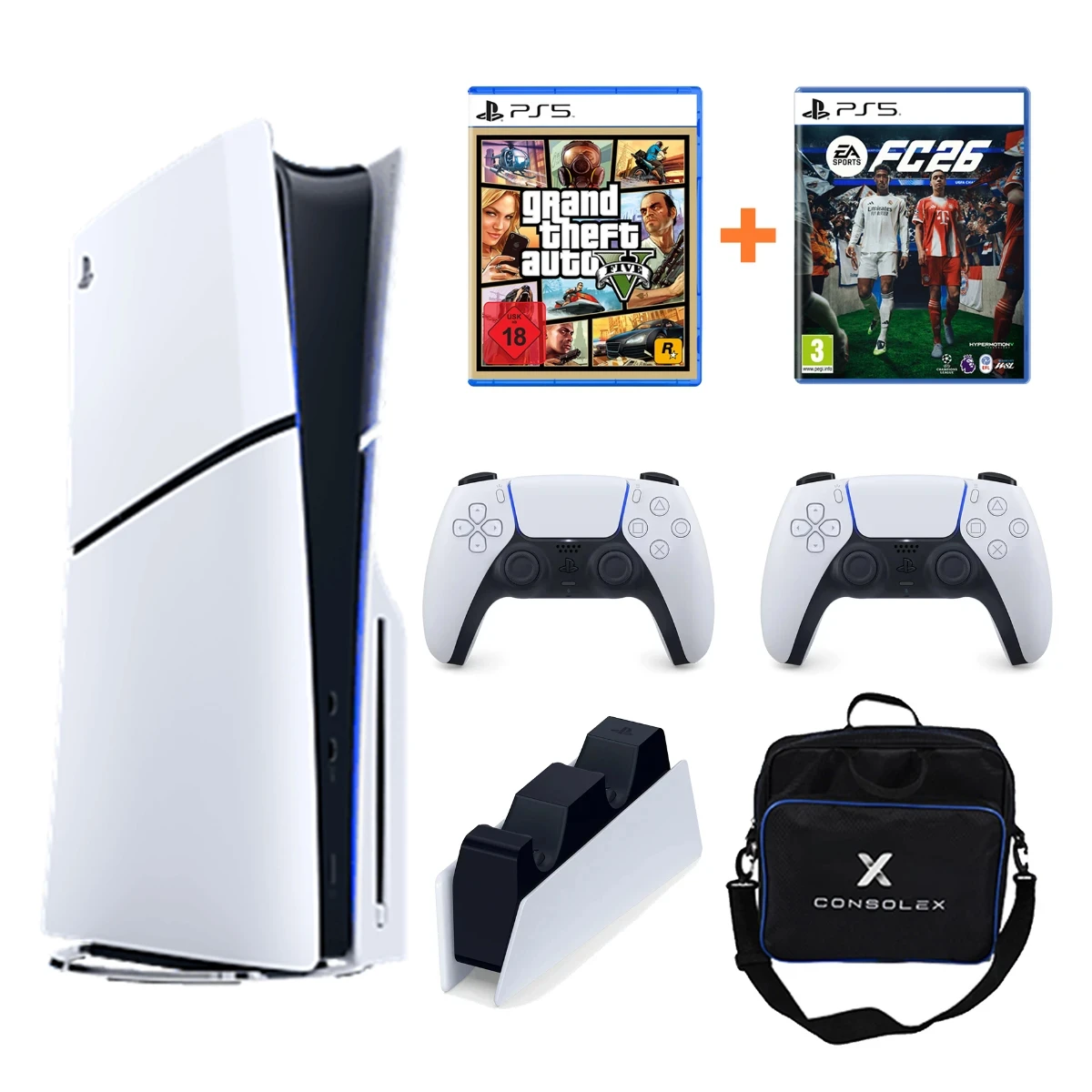 Sony PS5 Slim CD Edition 1TB CFI-2116 + GTA 5 + Çift Kol + Şarj İstasyonu + ConsoleX Çanta