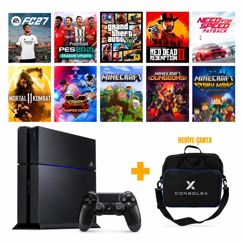 Sony PS4 Standart 500 GB (Yenilenmiş) + Tek Kol + ConsoleX Çanta + Yazılımlı