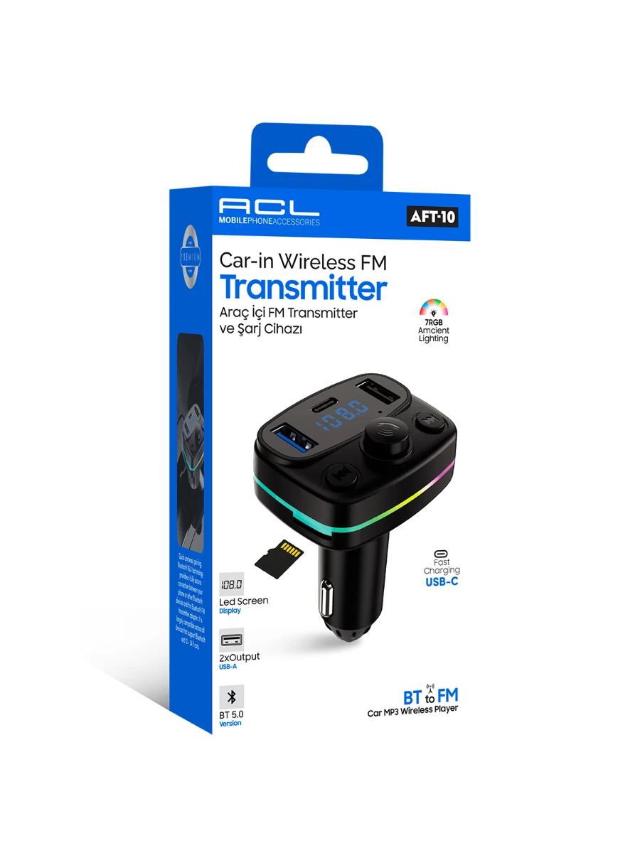 ACL AFT-10 Bluetooth 5.0 Araç İçi FM Transmitter ve Hızlı Şarj Cihazı