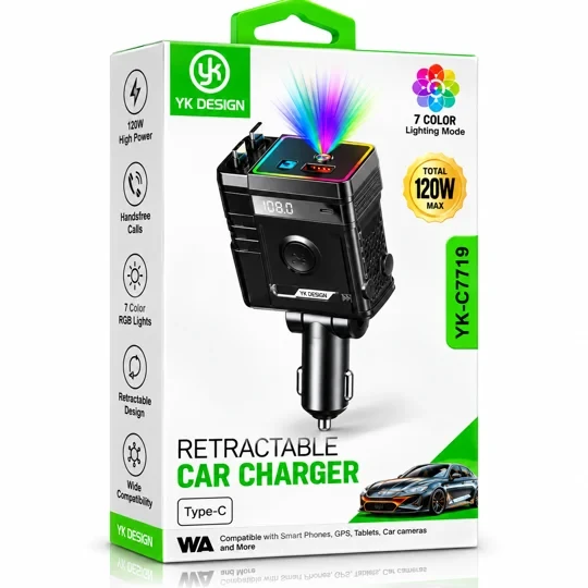 YK Design YK-OT719 120W Geri Çekilebilir Araç İçi Şarj Cihazı Type-C RGB LED