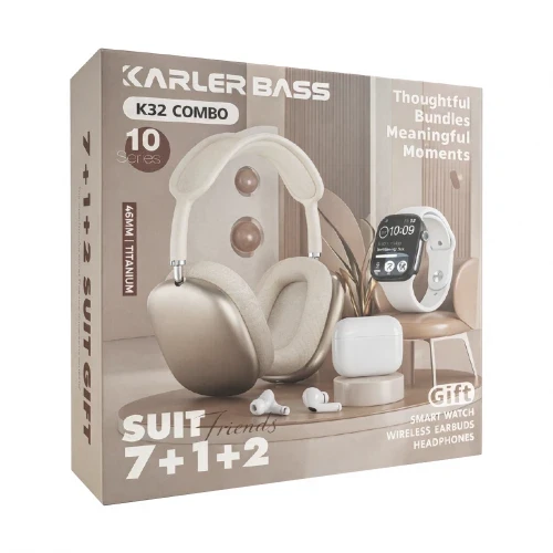 Karler Bass K32 Combo 46mm Akıllı Saat 7 Kordon + Kulak Üstü + TWS Kulaklık Set