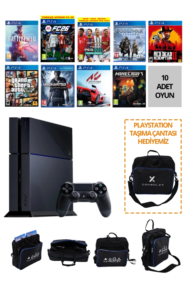 Sony PlayStation 4 Standart 500 GB + 10 Dijital Oyun + Tek Kol + ConsoleX Çanta (Yenilenmiş)