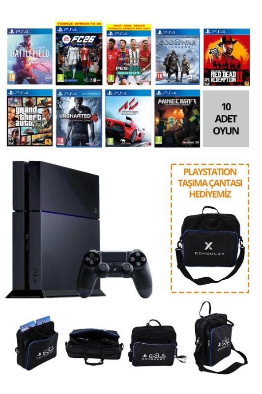 Sony PlayStation 4 Standart 500 GB + 10 Dijital Oyun + Tek Kol + ConsoleX Çanta (Yenilenmiş)