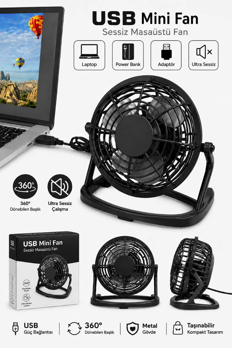 USB Mini Fan Sessiz Metal Masaüstü Fan Laptop Powerbank Uyumlu - SİYAH - CL-9918