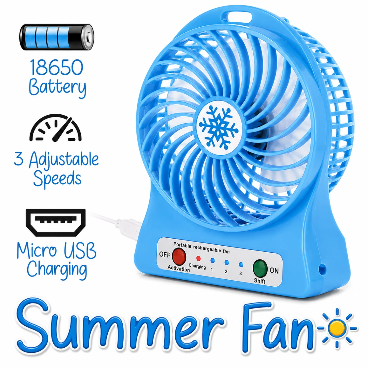 Mavi Şarjlı Mini Fan 3 Kademeli USB Taşınabilir Masaüstü Fan - MAVİ - CL-9918