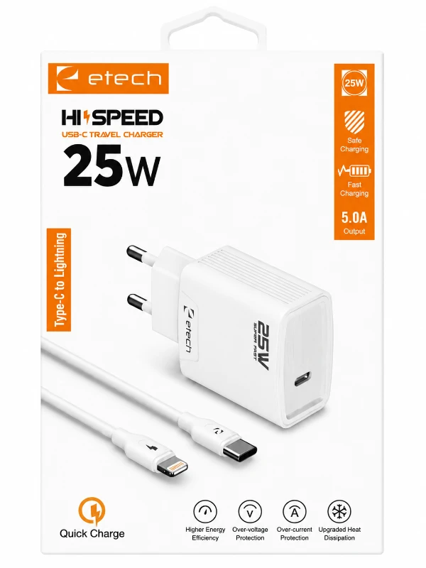 Etech 25W Type-C to Lightning Hızlı Şarj Aleti ve Kablo Seti - Beyaz