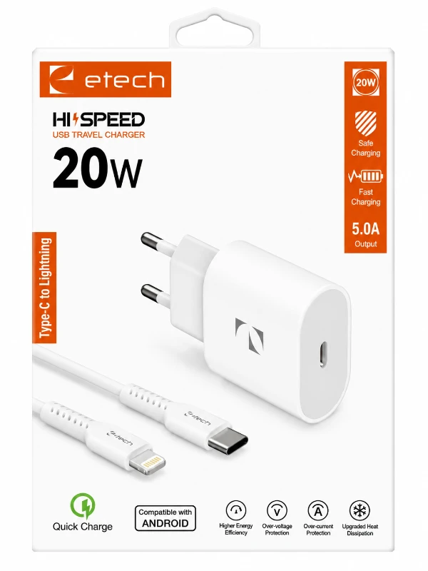 Etech 20W Type-C to Lightning Hızlı Şarj Aleti ve Kablo Seti - Beyaz