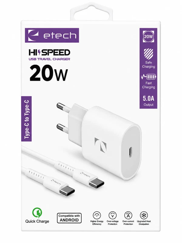 Etech 20W Type-C Hızlı Şarj Aleti ve Type-C to Type-C Şarj Kablosu Seti - Beyaz