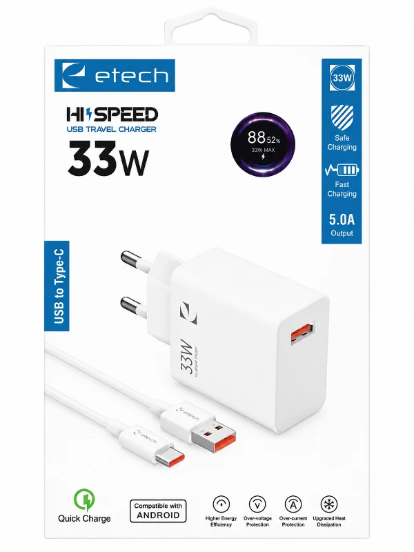 Etech 33W USB Hızlı Şarj Aleti ve USB-A to Type-C Şarj Kablosu Seti - Beyaz