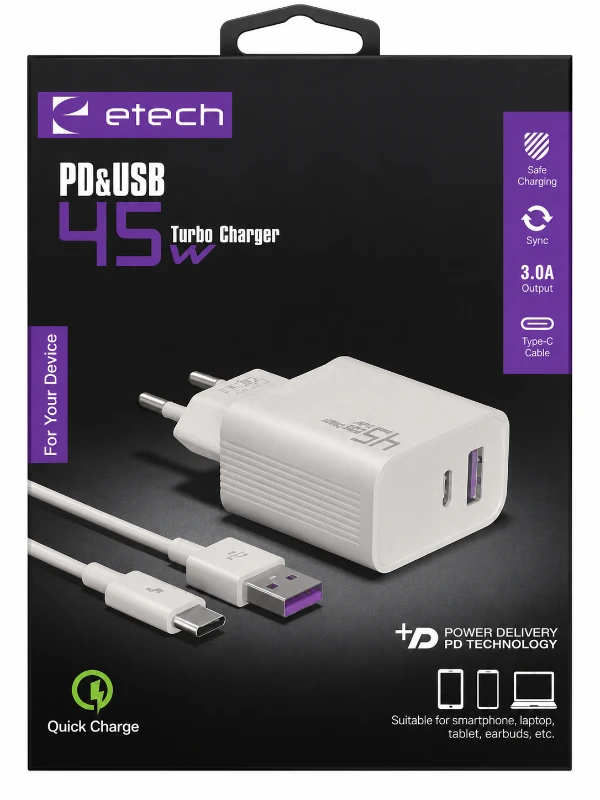 Etech 45W PD & USB Hızlı Şarj Aleti ve USB-A to Type-C Şarj Kablosu Seti - Beyaz