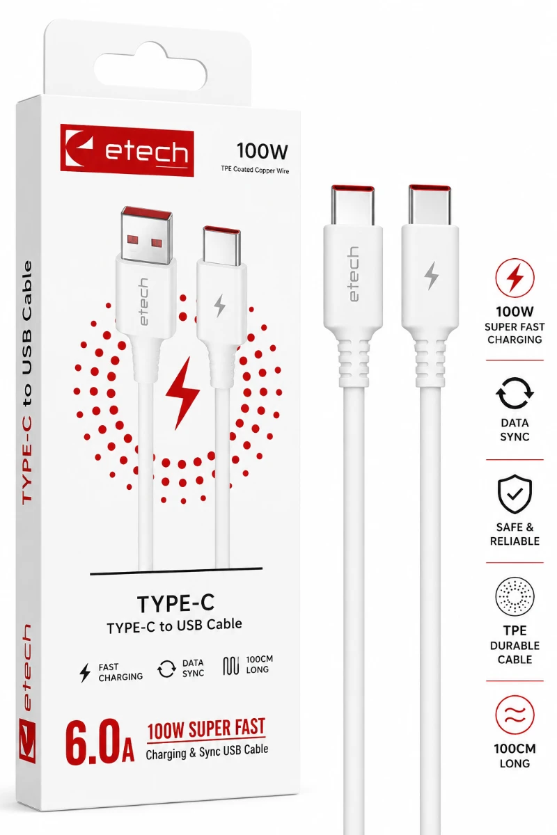 Etech 100W USB-A to USB-C Hızlı Şarj ve Data Kablosu 1 Metre