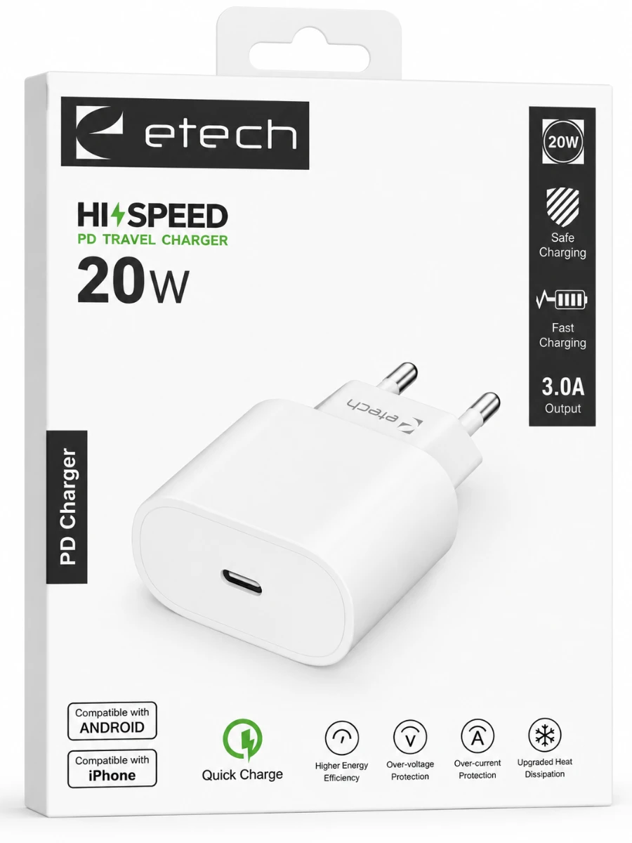 Etech 20W PD USB-C Hızlı Şarj Adaptörü - Beyaz