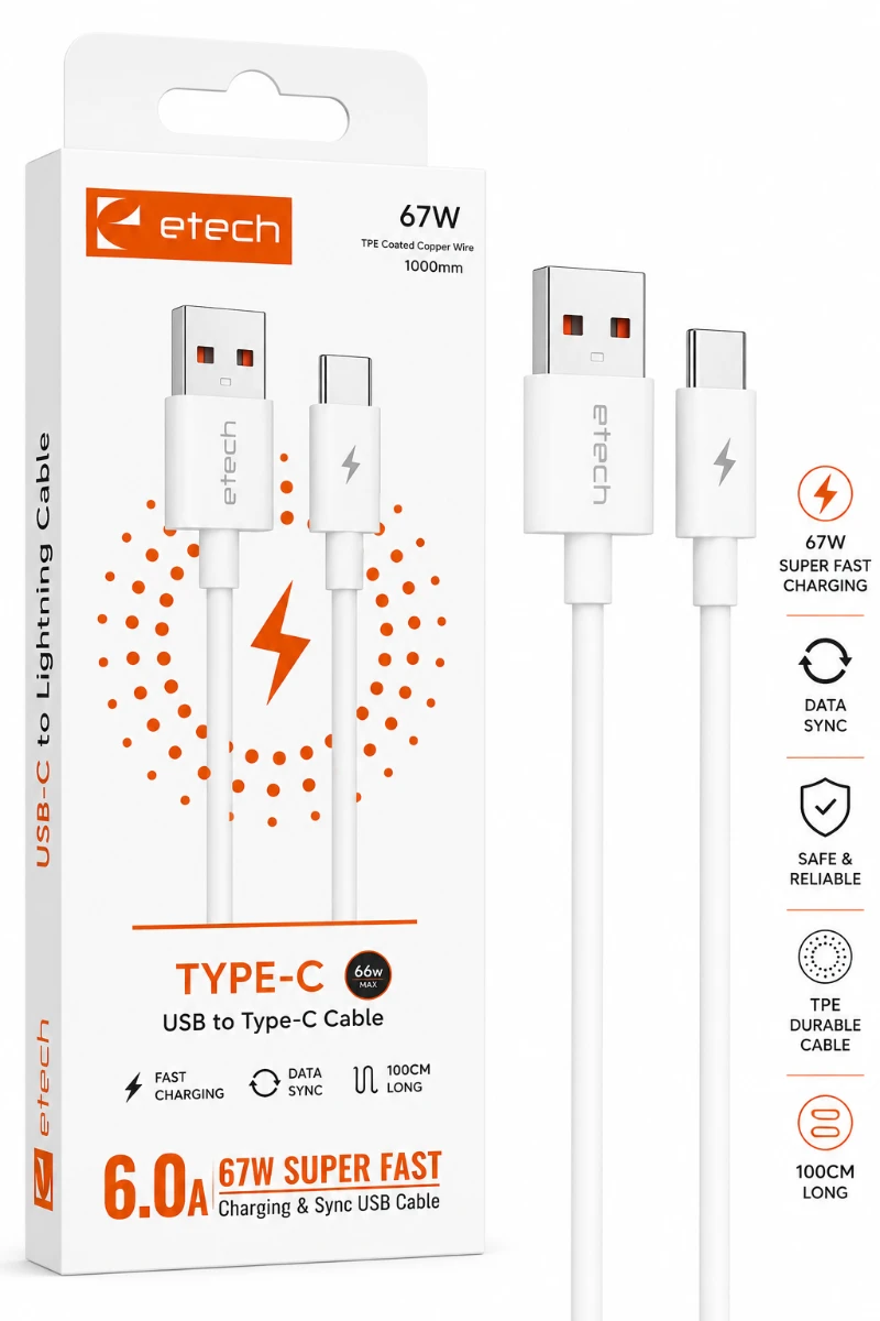 Etech 67W USB-A to USB-C Hızlı Şarj ve Data Kablosu 1 Metre - Beyaz
