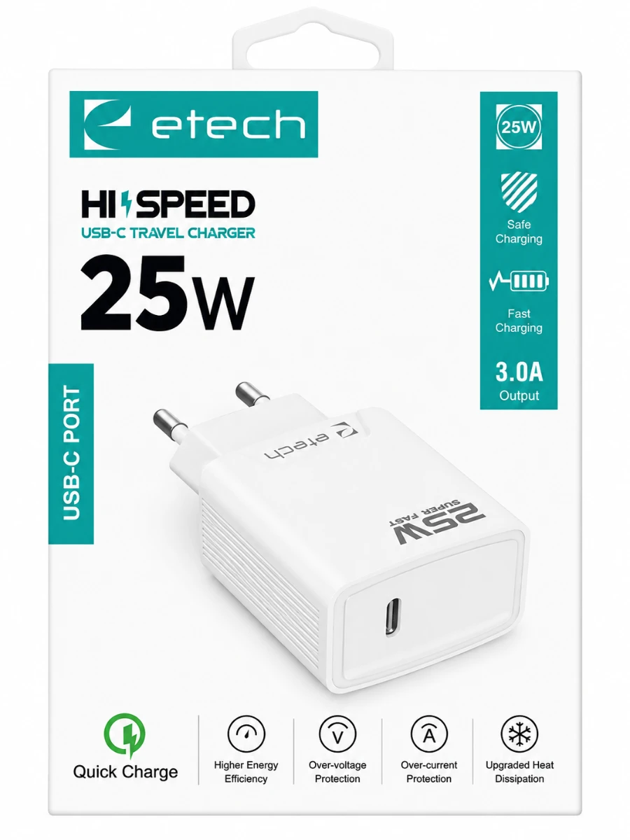 Etech 25W USB-C Hızlı Şarj Adaptörü - Beyaz