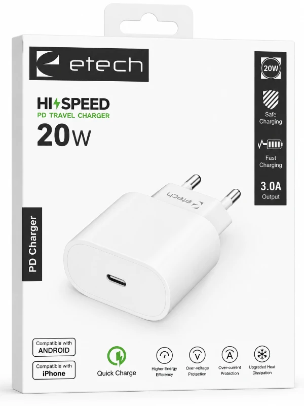 Etech 20W PD USB-C Hızlı Şarj Adaptörü - Beyaz