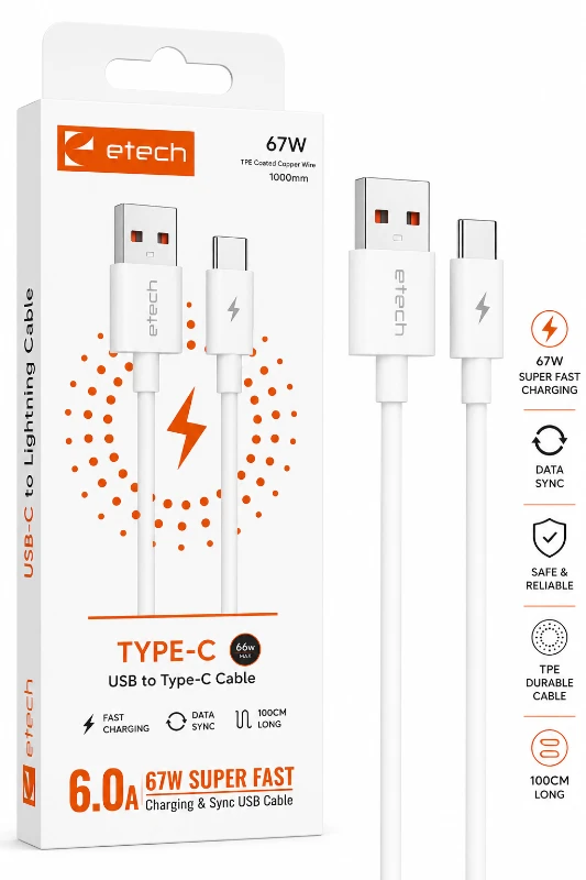Etech 67W USB-A to USB-C Hızlı Şarj ve Data Kablosu 1 Metre - Beyaz
