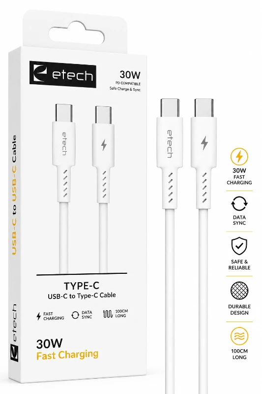 Etech 30W USB-C to USB-C Hızlı Şarj ve Data Kablosu 1 Metre - Beyaz