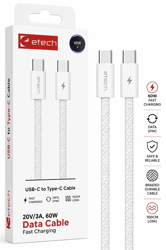 Etech 60W USB-C to USB-C Örgülü Hızlı Şarj ve Data Kablosu 1 Metre - Beyaz