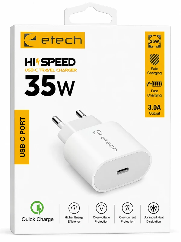 Etech 35W USB-C Hızlı Şarj Adaptörü - Beyaz