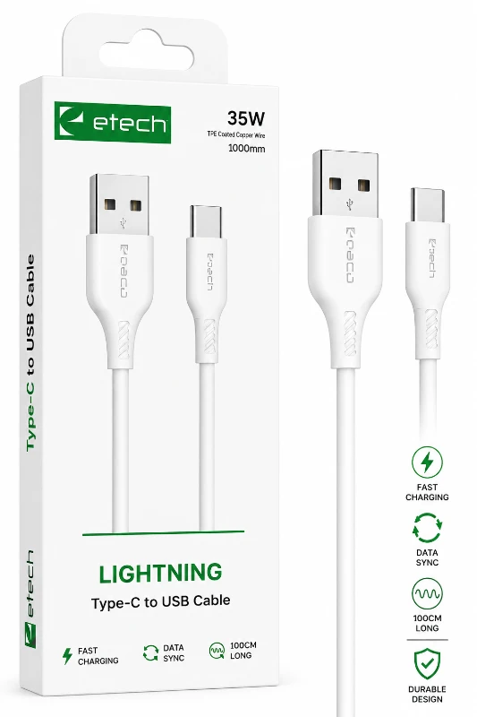 Etech 35W USB-A to Type-C Hızlı Şarj ve Data Kablosu 1 Metre - Beyaz