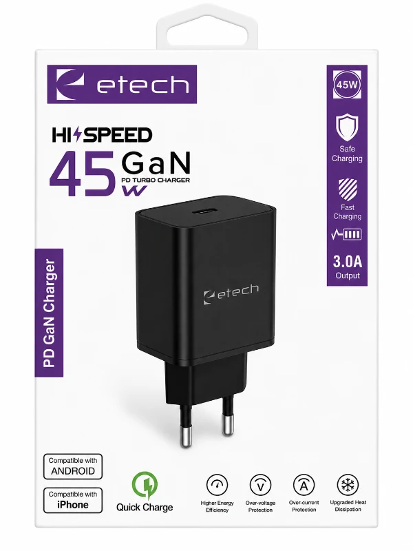 Etech 45W GaN PD Hızlı Şarj Adaptörü - Siyah