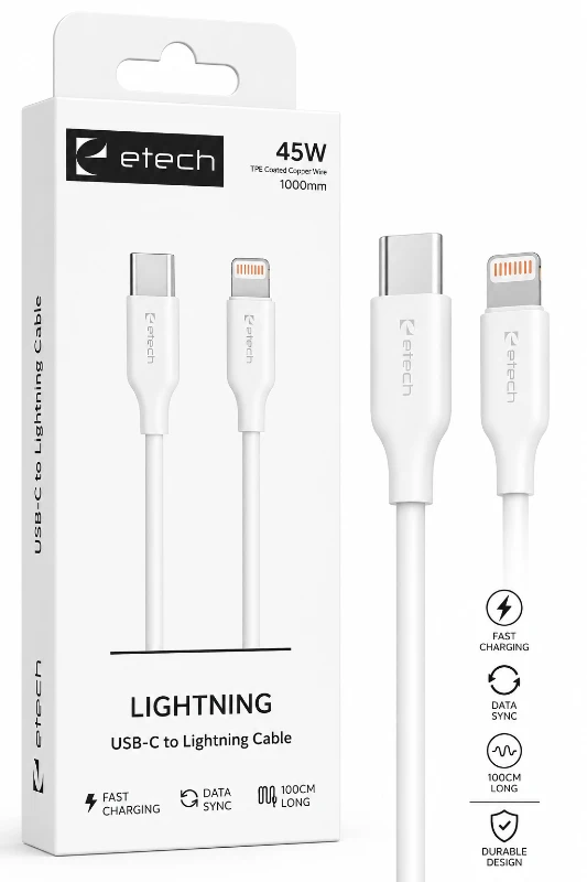 Etech 45W USB-C to Lightning Hızlı Şarj ve Data Kablosu 1 Metre - Beyaz