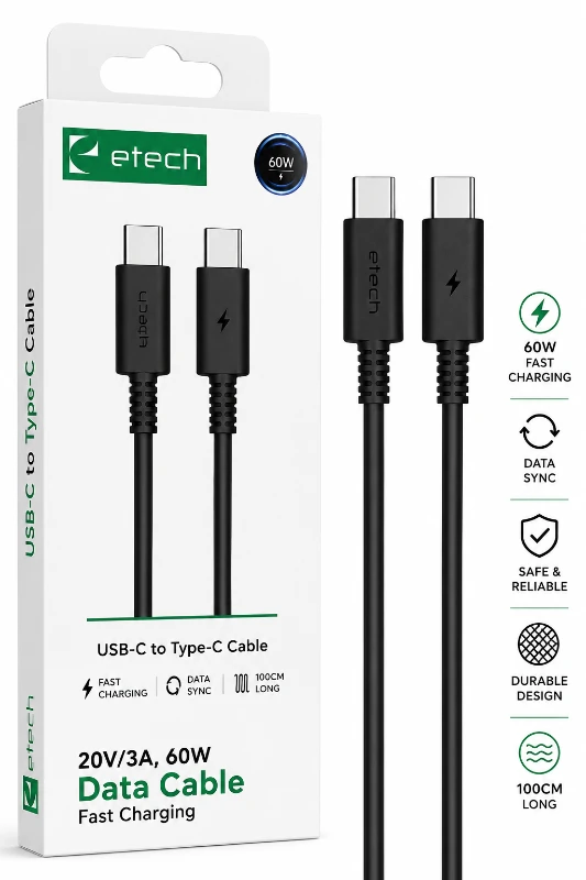 Etech 60W USB-C to USB-C Hızlı Şarj ve Data Kablosu 1 Metre - Siyah