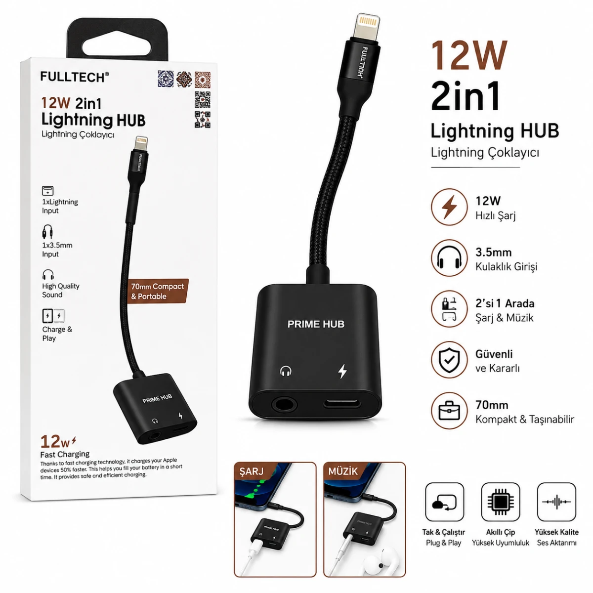 Fulltech 12W 2'si 1 Arada Lightning HUB Şarj ve 3.5mm Kulaklık Adaptörü
