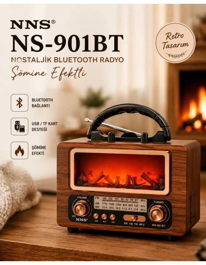 NS-901BT Nostaljik Bluetooth Radyo | FM/AM/SW, USB, TF Kart, AUX, Şarjlı Taşınabilir Hoparlör
