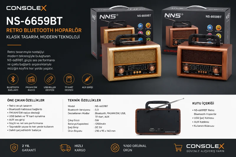 NNS NS-6659BT Retro Bluetooth Hoparlör FM AM SW Radyo USB TF Kart AUX Speaker