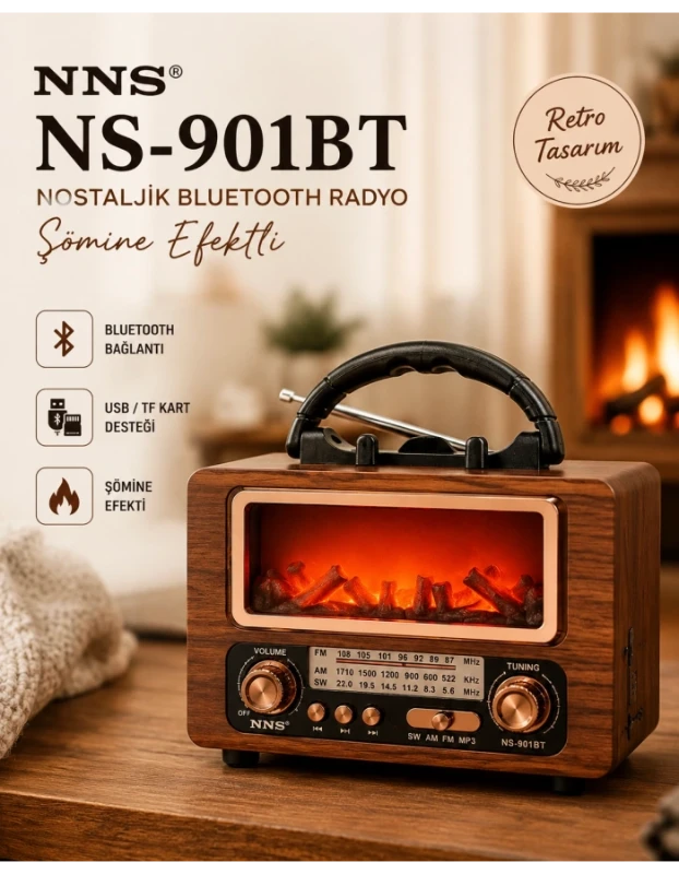 NS-901BT Nostaljik Bluetooth Radyo | FM/AM/SW, USB, TF Kart, AUX, Şarjlı Taşınabilir Hoparlör